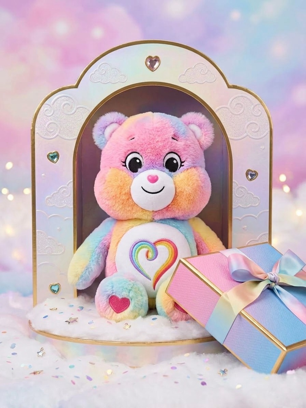 Care Bears Rainbow Heart Plush Bear - Pink Blue Yellow Pastel box not included